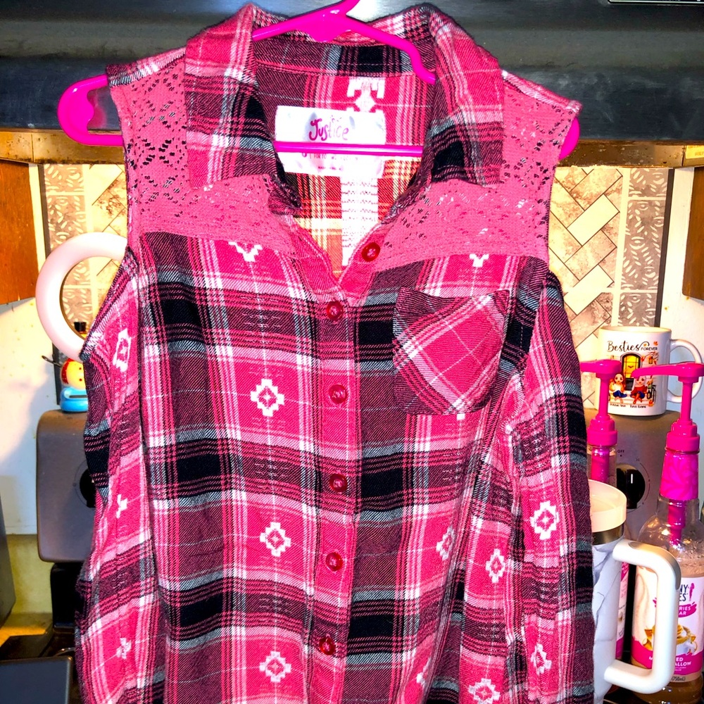 Justice Pink and Black Button Down Shirt cold shoulders
